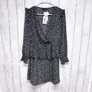 New Quiz Dress Women Size 6 Black Floral V-Neck Ruffle Smocked Long Sleeve Mini